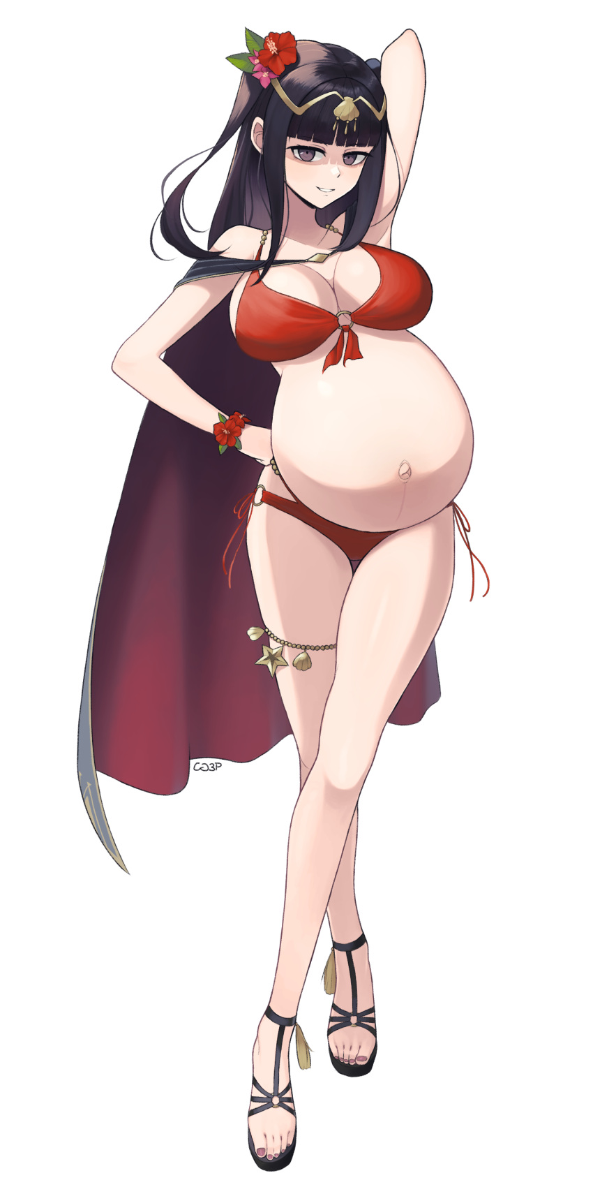 1girls absurdres alternate_costume arm_up bikini black_hair blunt_bangs breasts brown_eyes cape cg3p chrisguy3 circlet eyes_in_shadow feet female female_only fire_emblem fire_emblem_awakening fire_emblem_heroes flower flower_bracelet full_body hair_flower hair_ornament highres large_breasts legs long_hair nail_polish navel nintendo o-ring o-ring_bikini official_alternate_costume outie_navel pregnant red_bikini red_swimsuit sandals side-tie_bikini_bottom sidelocks solo swimsuit tharja_(fire_emblem) tharja_(summer)_(fire_emblem) toenail_polish toenails toes transparent_background two_side_up