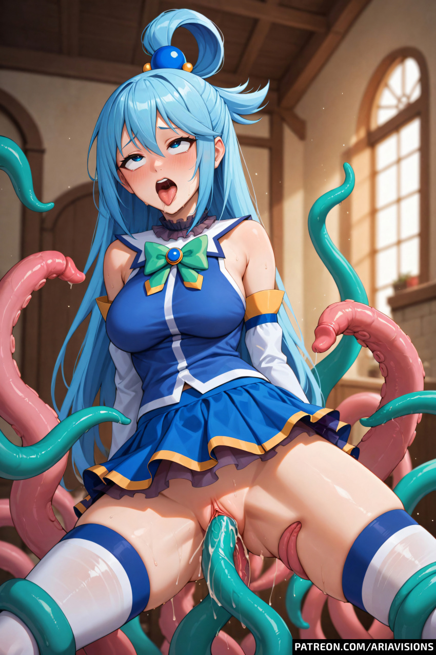 1girls ai_generated aqua_(konosuba) ariavisions blue_eyes blue_hair choker collar female kono_subarashii_sekai_ni_shukufuku_wo! tentacle tentacle_in_pussy tentacle_sex tongue_out