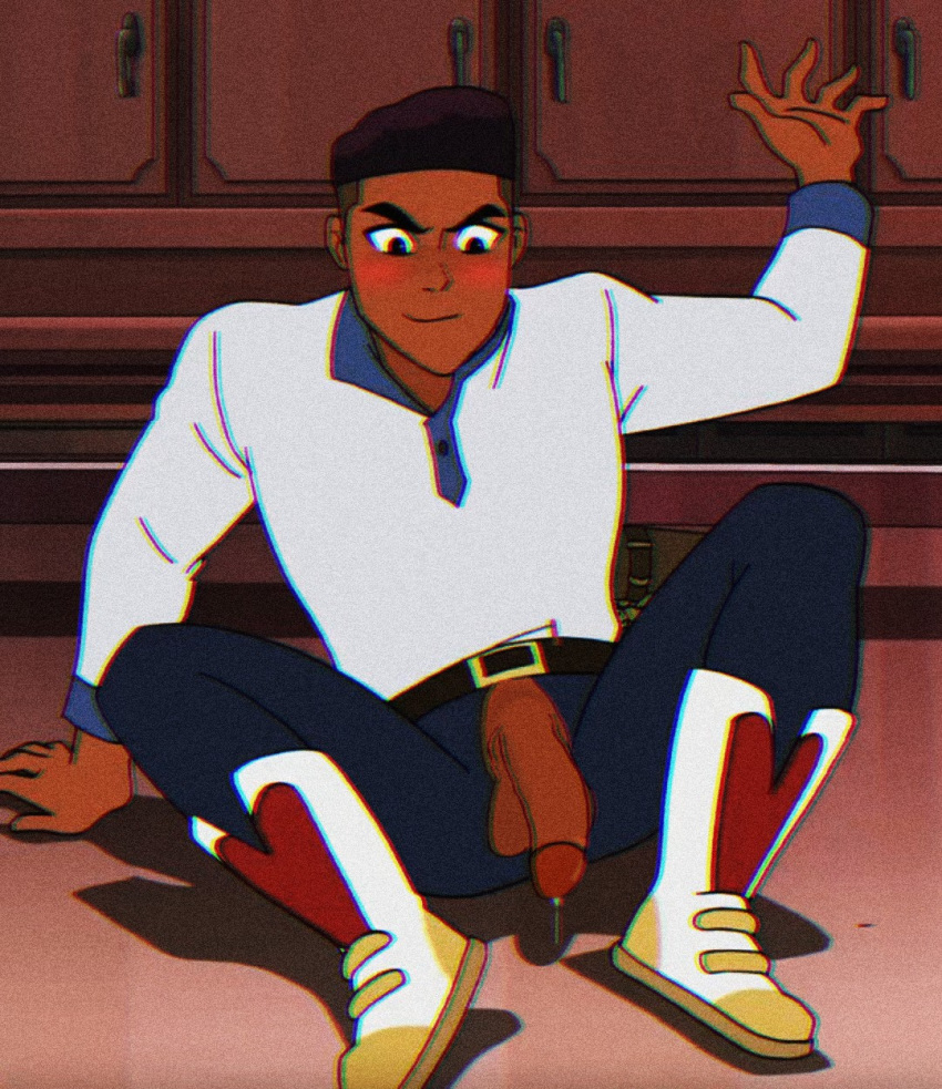 1boy artist_request blue_pants blush boots bow_(she-ra) dark-skinned_male dark_skin embarrassed looking_down male male_only medium_penis on_floor pants penis penis_out precum precum_drip ripped_clothing ripped_pants she-ra_and_the_princesses_of_power shirt solo solo_male source_request torn_clothes torn_pants wardrobe_malfunction white_shirt