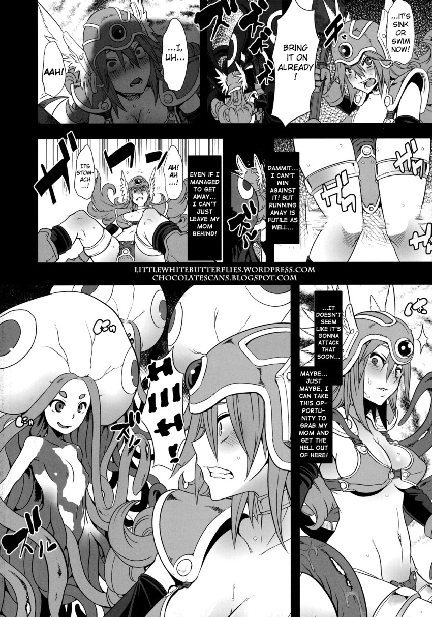 4girls armor blush clothing comic da_hootch dialogue doujinshi dragon_quest dragon_quest_iii medium_breasts monster monster_girl multiple_girls onna_senshi_futari_tabi soldier_(dq3) speech_bubble tagme tentacle text