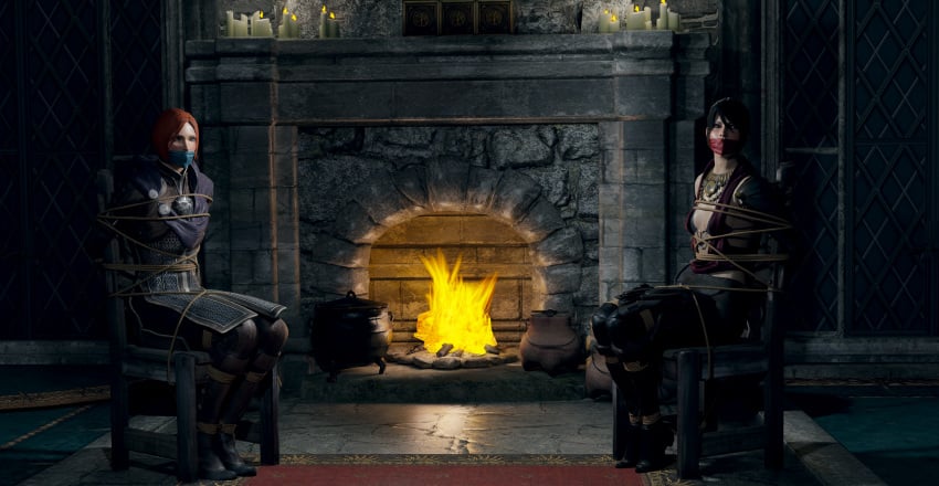 2girls 3d bioware bondage bound bound_arms bound_to_chair captured clothed clothed_bondage dragon_age dragon_age_inquisition female_only fireplace gag gagged highres leliana morrigan_(dragon_age) red_hair skvrwiel tied_up waiting