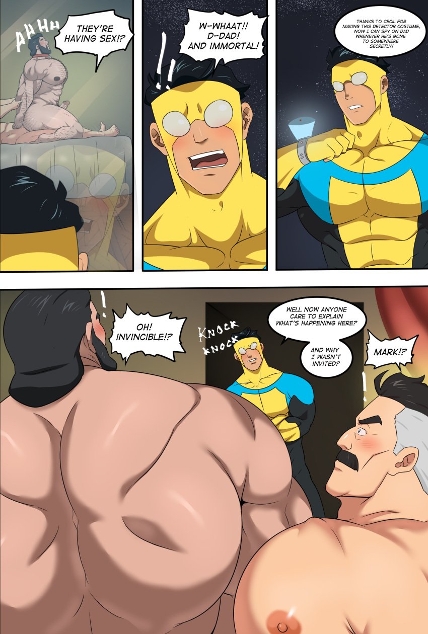 abs anal anal_sex bara bed big_pecs caught caught_in_the_act chest comic dad dad_and_son dialogue ducka-98 father father_and_son gay invincible invincible_(superhero) invincible_(tv_series) male male/male male_focus male_only mark_grayson mature_male mature_male_penetrated multiple_boys muscular muscular_male nolan_grayson omni-man pecs pectorals penetration son superhero superhero_costume the_immortal yaoi