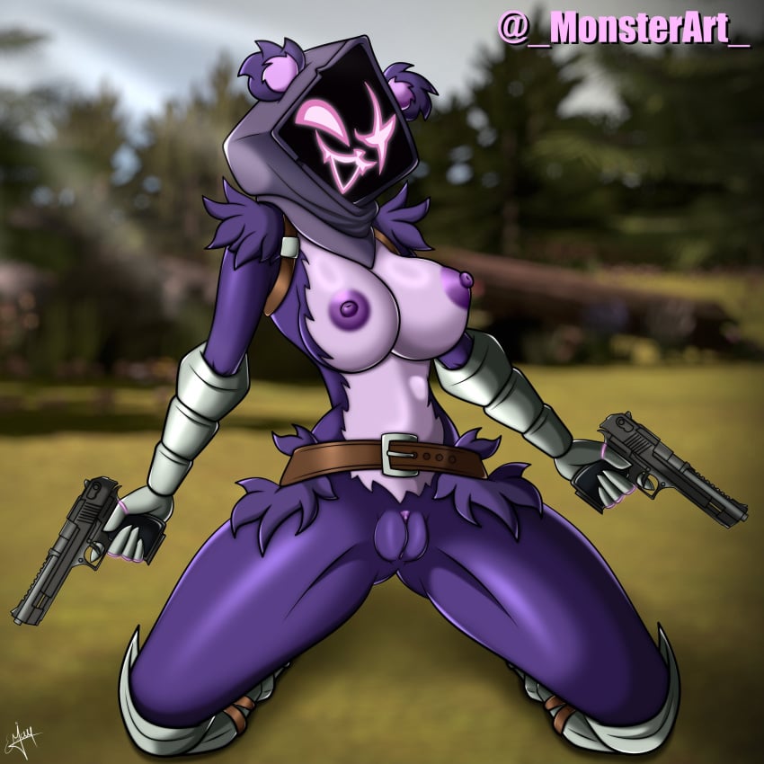 bear bear_ears bear_girl belt big_breasts breasts completely_nude completely_nude_female female female_only fortnite glowing_eyes glowing_mouth hood hood_up monsterart nude nude_female on_knees open_mouth pistol pistols pussy raven_team_leader shiny shiny_fur solo solo_female