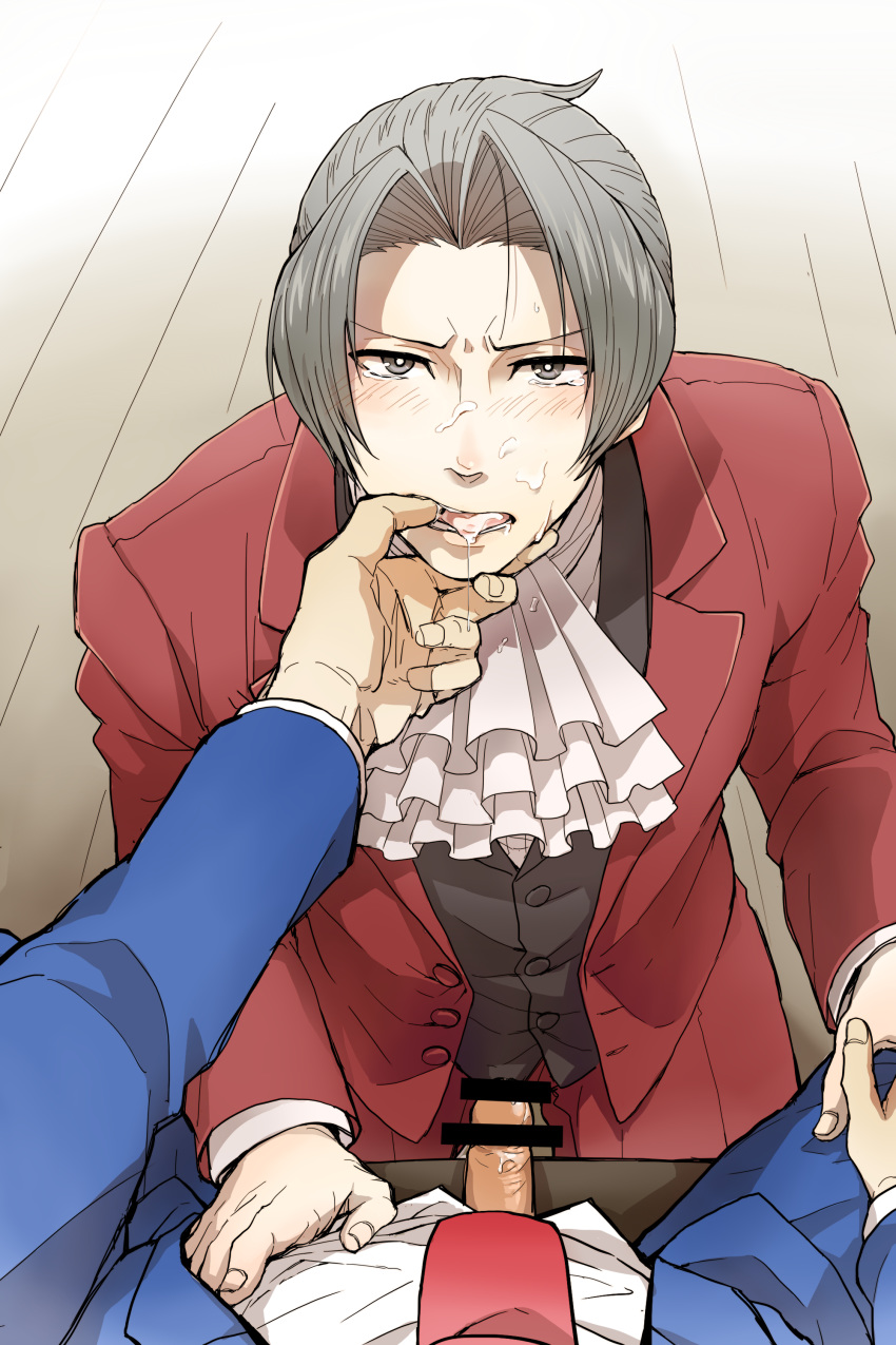 2boys ace_attorney artist_request blowjob censored clothed clothing cum cum_in_mouth cum_on_face finger_in_mouth gay gyakuten_saiban hand_on_thigh male_only miles_edgeworth oral phoenix_wright tears wrightworth yaoi