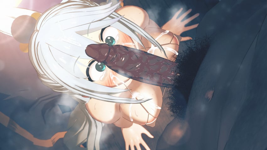 16:9_aspect_ratio 1boy 1girls 3d aqua_(konosuba) bangs big_breasts big_penis bikini blue_eyes blush bodily_fluids breasts clothing dark-skinned_male dark_skin erection facial fellatio female group group_sex hetero high_resolution humanoid_genitalia humanoid_penis humanoid_pussy interracial kono_subarashii_sekai_ni_shukufuku_wo! large_breasts large_filesize large_penis long_hair male male/female male_pubic_hair nipples nude oral penis penis_awe penis_worship pubic_hair semen semen_in_mouth semen_on_body semen_on_breasts semen_on_chest semen_on_upper_body silver_hair surprised surprised_expression sweat swimsuit tears uncensored white_hair yuukis