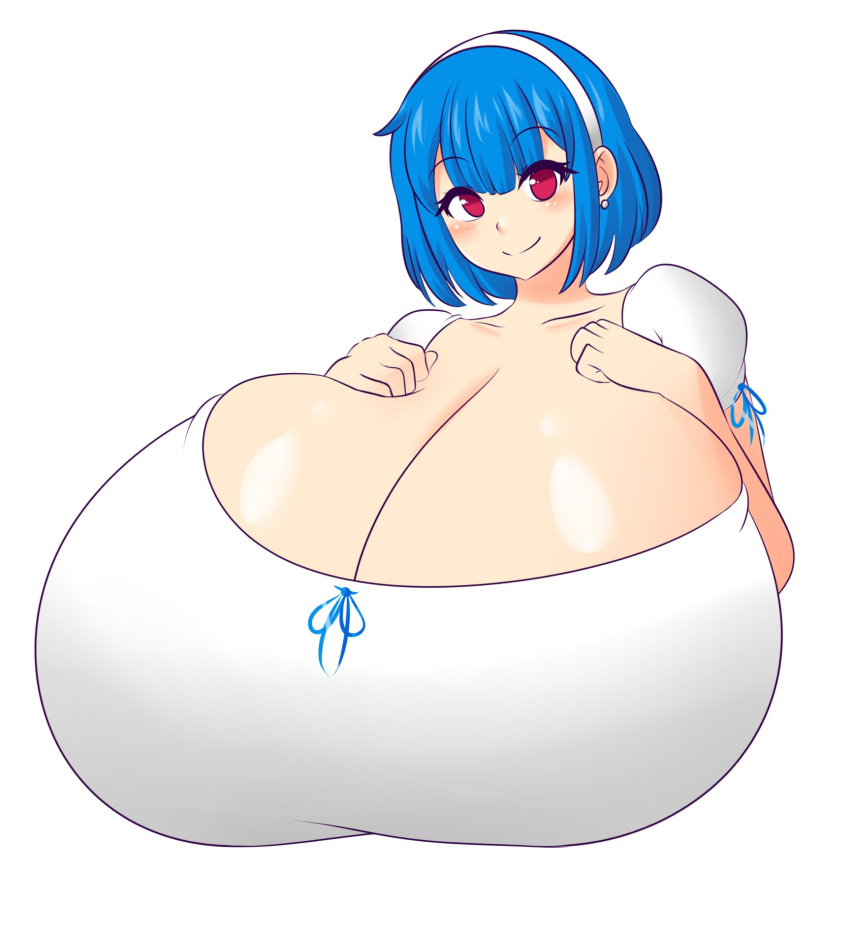 big_breasts blue_hair breasts breasts_bigger_than_head bust female happy headband huge_breasts jcdr magenta_eyes oc original_character rina_atherina_(errorkazoo) short_hair smile white_shirt