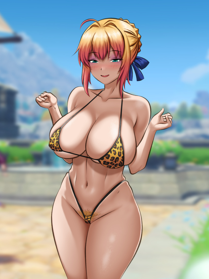 1girls artoria_pendragon big_breasts big_thighs blonde_hair blue_eyes blush breasts busty daylight fate/grand_order fate_(series) female huge_breasts huge_thighs large_breasts large_thighs ldukem69 leopard_print leopard_print_bikini light-skinned_female light_skin navel pubic_hair smile thick_thighs thighs voluptuous