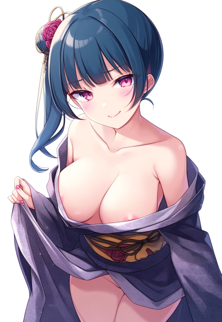 ai_generated alternate_hairstyle areola_slip bangs bare_shoulders blue_hair blunt_bangs blush breasts cleavage closed_mouth clothes_lift collarbone female female_only flower hair_bun hair_flower hair_ornament japanese_clothes kimono kimono_lift lifted_by_self long_hair long_sleeves looking_at_viewer love_live! love_live!_sunshine!! medium_breasts milua nail_polish naked_kimono no_panties novelai obi off_shoulder purple_eyes sash self_upload side_ponytail simple_background single_hair_bun single_side_bun smile solo solo_female tsushima_yoshiko white_background