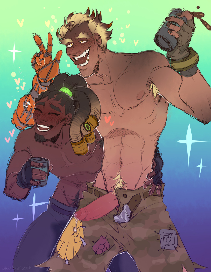 armpit_hair black_body black_skin blizzard_entertainment boner clothed daxratchet drunk erection gay junkrat lucio_(overwatch) male male_only omorashi overwatch overwatch_2 penis precum precum_drip tan_body tan_skin yaoi