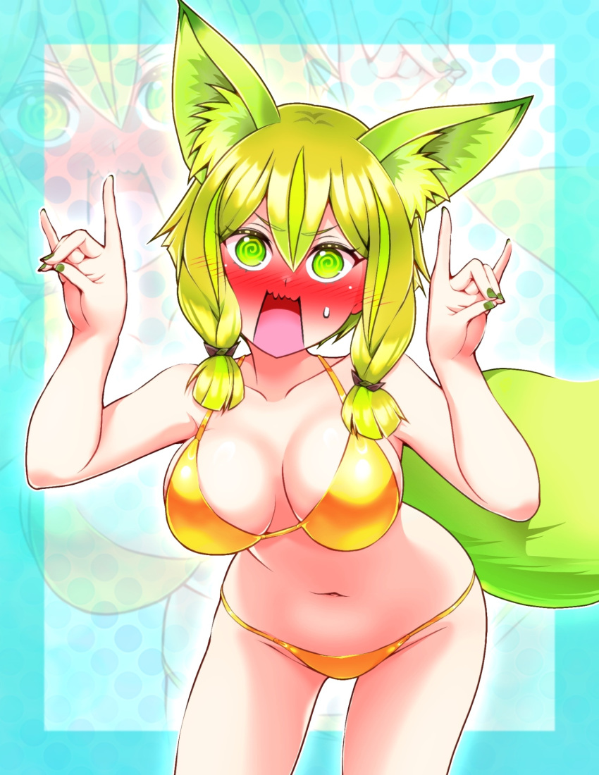 1girls bent_forward bent_over big_breasts bikini blush blushing breasts duel_monster embarrassed embarrassed_female female female_focus female_only fox_ears fox_girl fox_hand_sign fox_tail full-face_blush gesture gold_bikini golden_bikini green_eyes green_fingernails green_hair green_nails heavy_blush hu-li_the_jewel_mikanko large_breasts leaning_forward looking_at_viewer nail_polish open_mouth painted_nails red_blush screaming swirly_eyes wavy_mouth yu-gi-oh!