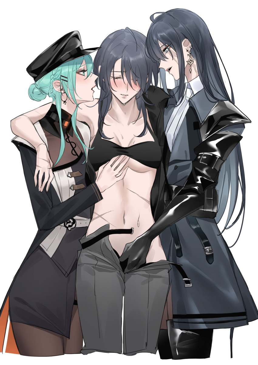 3girls absurdres aqua_eyes aqua_hair arms_around_neck black_bra black_coat black_dress black_gloves black_hair black_hat black_pantyhose black_skirt blush bovine bra bra_lift breasts chief_(path_to_nowhere) coat collared_shirt commentary_request dress earrings elbow_gloves female_chief_(path_to_nowhere) fff_threesome fingering girl_sandwich gloves grey_pants group_sex hair_bun hat highres jewelry long_hair long_sleeves looking_at_another medium_breasts multiple_girls nightingale_(path_to_nowhere) open_mouth open_pants pants pantyhose parted_lips path_to_nowhere rahu_(path_to_nowhere) sandwiched scar scar_across_eye scar_on_stomach shirt simple_background skirt sweat thigh_strap threesome toho10min underwear white_background white_shirt yuri