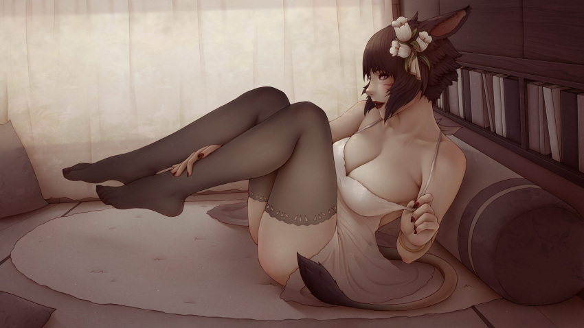 1girls big_breasts blue_eyes book bookshelf bracelet brown_hair cat_ears catgirl female final_fantasy final_fantasy_xiv hair_flower highres indoors lingerie lion_tail miqo'te negligee slit_pupils solo soranamae square_enix tail thighhighs warrior_of_light_(ff14) whisker_markings