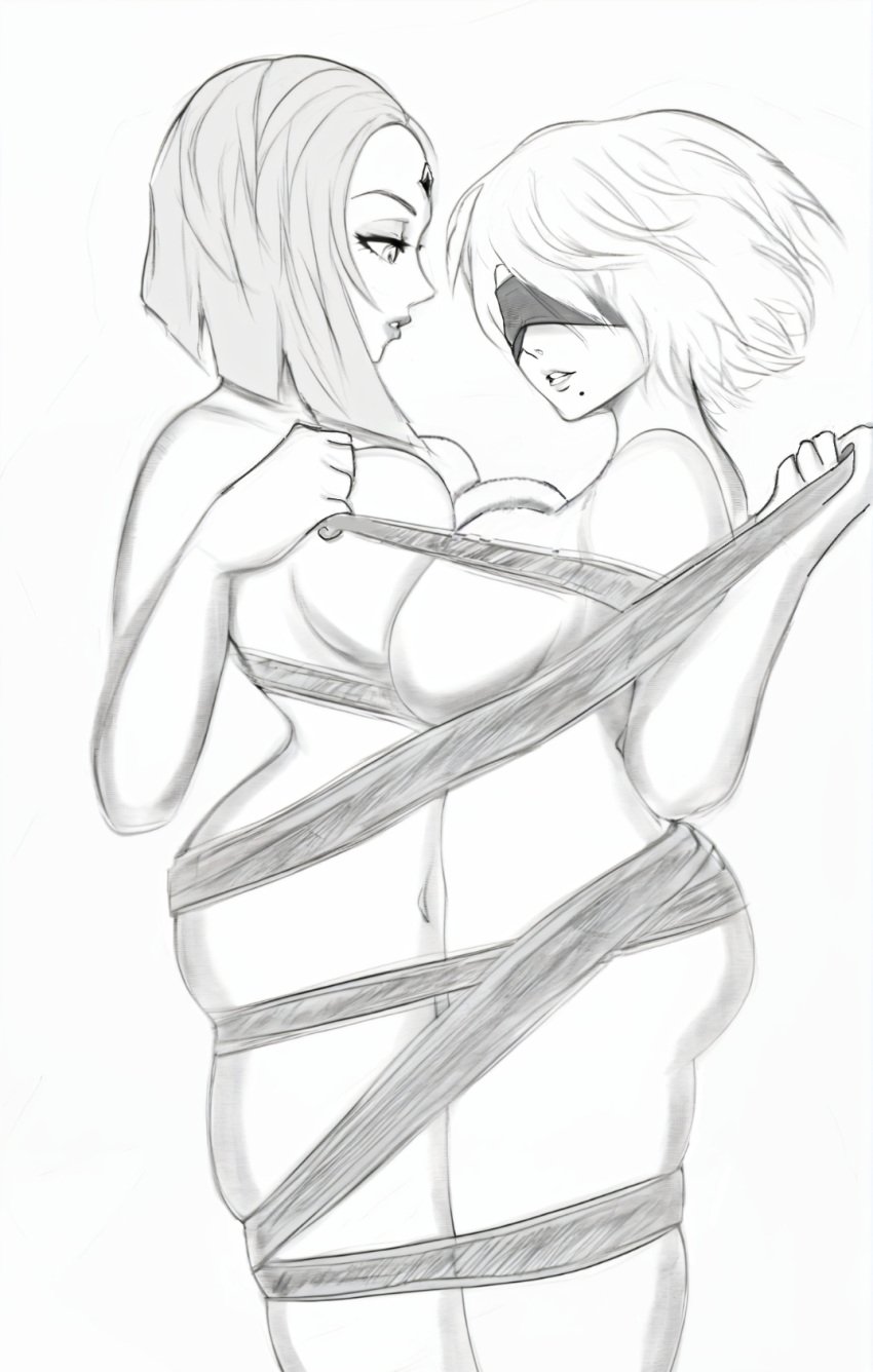 2girls ai_generated artfbota ass bandage breasts covered_eyes crossover dc dc_comics female female_only huge_breasts line_art mole mole_under_mouth monochrome multiple_girls nier:_automata raven_(dc) short_hair yorha_2b yuri