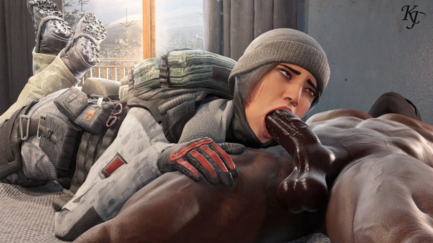 1boy 1girls 3d alternate_version_available backpack beanie big_penis blowjob boots clothed clothed_female clothed_female_nude_male coat dark-skinned_male dark_skin fellatio female frost_(rainbow_six) gloves hand_on_thigh huge_cock interracial kjthegrimreaper light-skinned_female light_skin male male/female naked nude nude_male oral oral_sex rainbow_six_siege straight winter_clothes