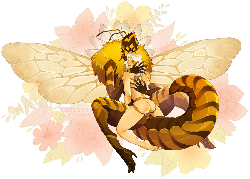 2020 antennae_(anatomy) anthro anthro_penetrated arthropod ass bee digital_media_(artwork) dildo duo female female/female female_on_anthro female_penetrated female_penetrating female_penetrating_female genitals hair hi_res human human_on_anthro hymenopteran insect_wings insects interspecies mammal nude open_mouth penetration pussy sex sex_toy simple_background somanyfangs spread_legs spreading strapon white_hair wings yuri