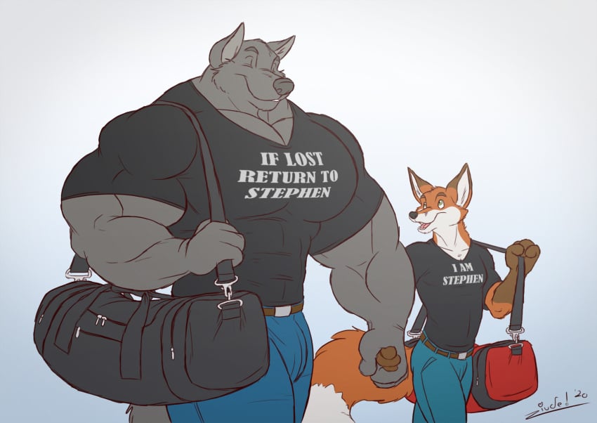 2020 anthro biceps big_muscles biped bottomwear canid canine canis clothed clothing denim denim_bottomwear denim_clothing digital_drawing_(artwork) digital_media_(artwork) duo eyebrows fox fur grey_body grey_fur gym_bag hand_holding hi_res jeans jonathan_(juano) juano larger_anthro larger_male male mammal muscular muscular_anthro muscular_male orange_body orange_fur pants pecs red_fox simple_background size_difference smaller_anthro smaller_male stephen_(juano) tail true_fox walking white_background wolf