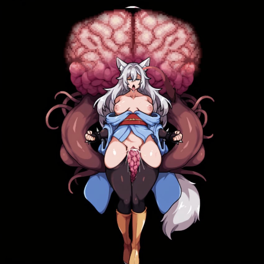 ahe_gao ai_generated belly_bulge black_legwear brain_drain brain_of_cthulhu ear_penetration fox_ears fox_tail isoai kimono medium_breasts monster_rape nai_diffusion original_character ribbed_penis self_upload spiked_bracelet tentacle tentacle_sex terraria vaginal_penetration white_fur white_hair yellow_boots