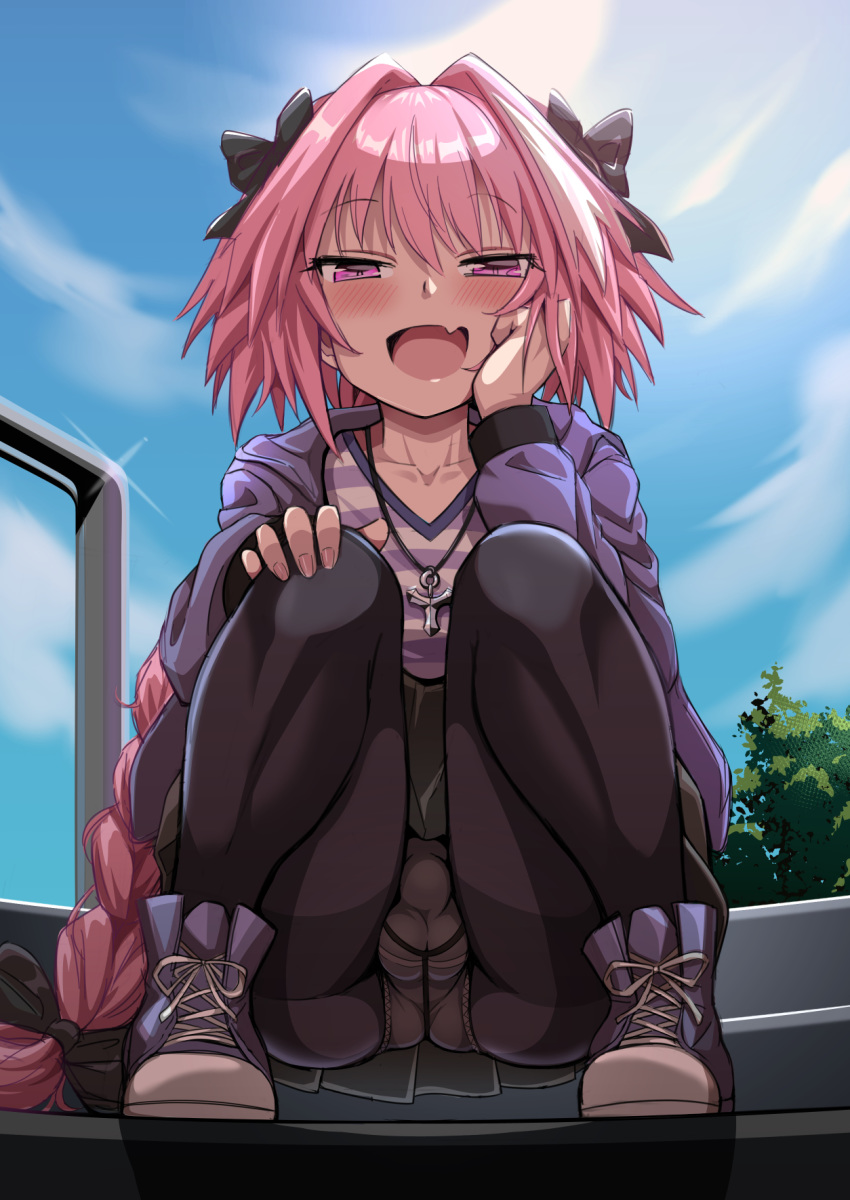 1boy androgynous ass astolfo_(fate) balls big_ass black_leggings blush bulge eye_contact fate/grand_order fate_(series) femboy girly hair_ribbon leggings long_hair looking_at_viewer male male_only necklace panties panties_visible_through_clothing penis_bulge pink_eyes pink_hair shoes sitting skirt solo t_sppd testicles thick_thighs thighs trap