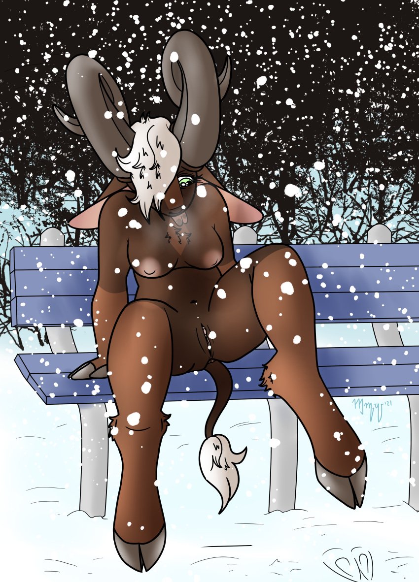 absurd_res ahotandsweatydog anthro anus ass bovid breasts breath caprine female genitals goat hair hi_res hoofprint hooves horn looking_down mammal nipples nude pussy ramantha simple_background sitting_on_bench snow snowing solo tongue