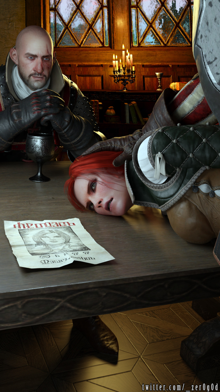 1boy 2boys 3d caleb_menge captured cd_projekt_red hair_grab head_on_table the_witcher the_witcher_(series) the_witcher_2 the_witcher_3:_wild_hunt triss_merigold wanted_poster witch_hunter zer0g0d