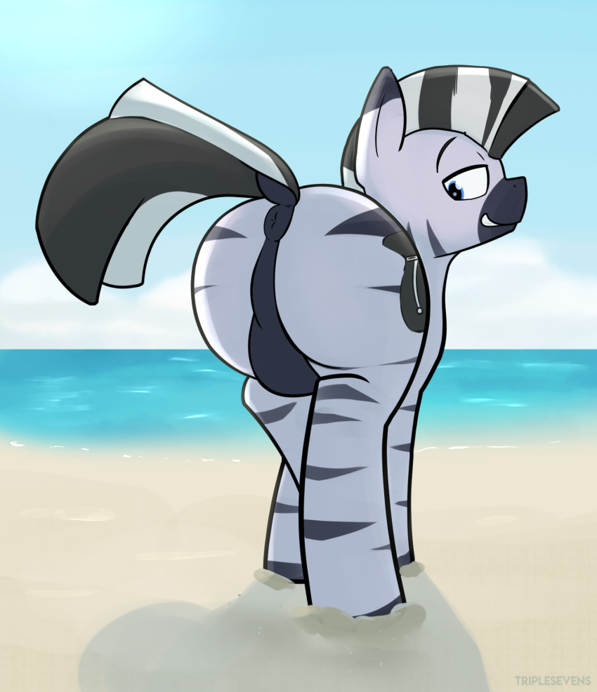 anus balls beach equid equine fan_character feral friendship_is_magic furry genitals hi_res male male_only mammal my_little_pony nude outside presenting raised_tail sand sea seaside sky smile solo triplesevens_(artist) water zebra