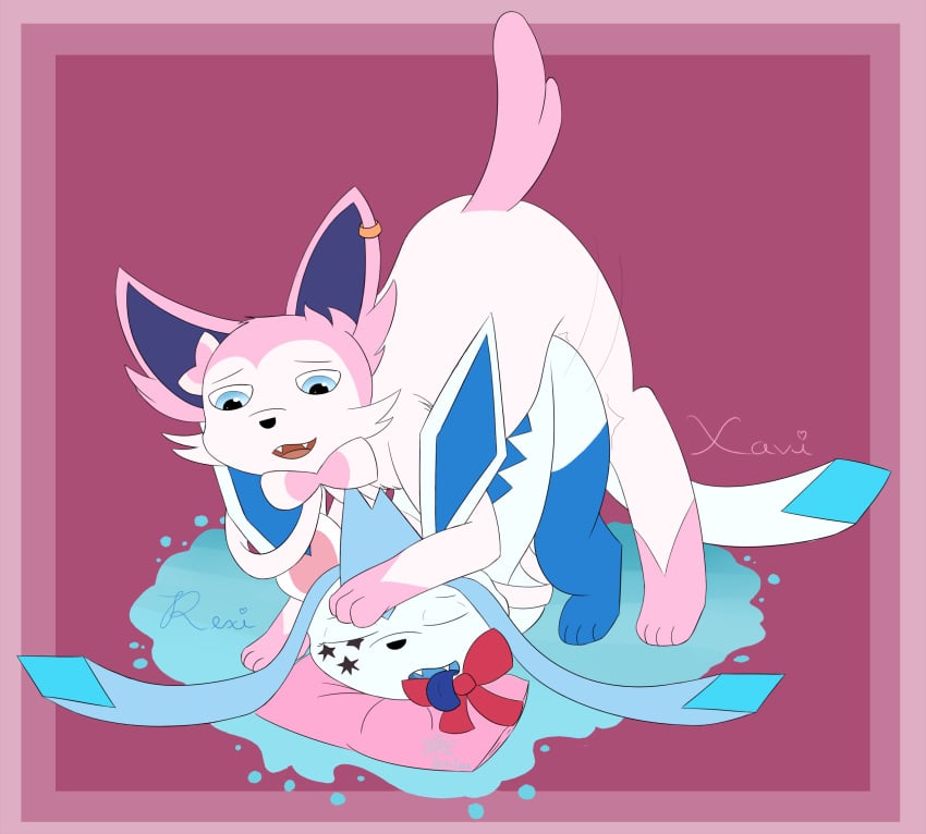 1boy alternate_color ambiguous_gender anal anal_sex arms_tied blue_eyes bondage bound canine doggy_style eeveelution feet from_behind from_behind_position furry girly glaceon half-closed_eyes hi_res interspecies male markings mounting nintendo on_top open_mouth original_character paw_on_head paws penetration pillow pokémon_(species) pokemon pokemon_(species) pokemon_dppt pokemon_xy ribbons sex sylveon temiest text video_games watermark