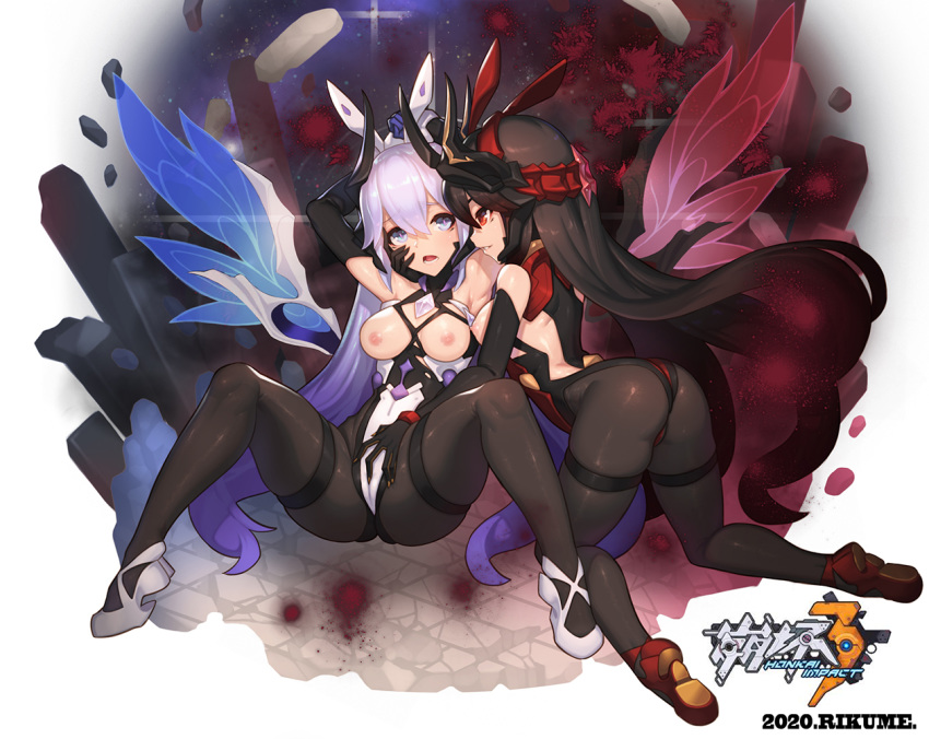 2020 2girls armpits arms_up artist_name ass bella_(honkai_impact) benares black_bodysuit black_gloves black_hair blue_eyes bodysuit bound bound_wrists breasts breasts_out cameltoe clothing copyright_name dated elbow_gloves face-to-face fairy_wings femdom fingering fingering_through_clothes gloves hairband hand_on_another's_crotch hand_on_another's_face honkai_(series) honkai_impact_3rd horns kneeling knees_up kurikara_(honkai_impact) leaning_forward legs lezdom long_hair multiple_girls nipples open_mouth red_bodysuit red_eyes red_footwear rikume shoes silver_hair sitting skin_tight smile spread_legs thigh_strap thighs through_clothes very_long_hair white_bodysuit white_footwear wings yuri