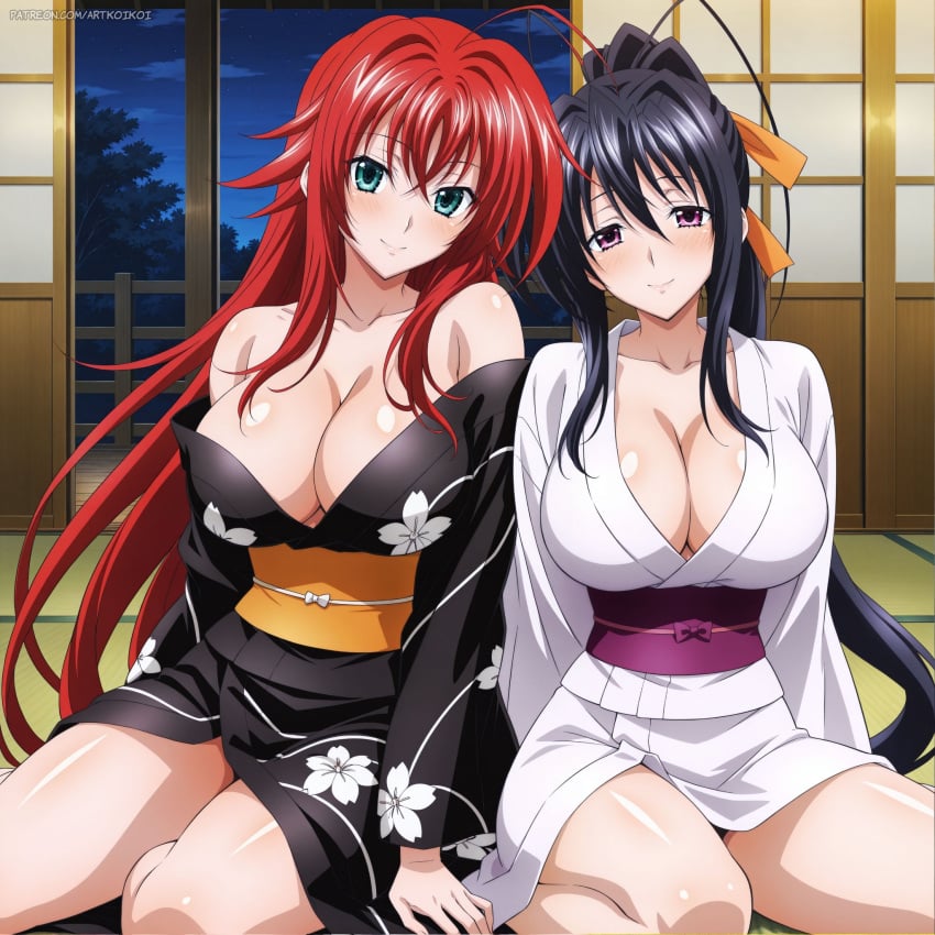 2girls ahoge ai_generated akeno_himejima antenna_hair artkoikoi black_hair blue_green_eyes blush couple crimson_hair curvy female_only hair_ribbon high_school_dxd kimono large_breasts light_skin night orange_ribbon ponytail rias_gremory thick_thighs very_long_hair violet_eyes voluptuous yuri