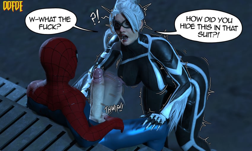 1boy 1girls 3d big_penis black_cat_(marvel) cock_shock daz_studio dialogue english_dialogue english_text eyemask felicia_hardy marvel marvel_comics masked_male oofoe penis_awe ponytail self_upload spider-man spider-man_(ps4) spider-man_(series) white_hair