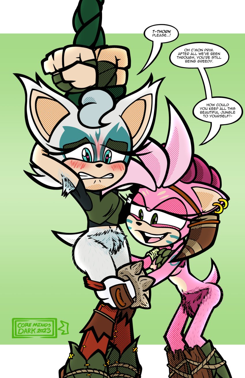 amy_rose biting_lip blush breasts coremindsdark dialogue earrings furry hairy_armpits hairy_legs hairy_pussy heart_eyes nervous pants_down prim_rouge restrained restrained_arms rouge_the_bat sega shirt sonic_(series) sonic_prime speech_bubble tail thorn_rose unshaved_pussy