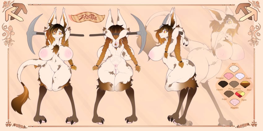 2:1 absurd_res anthro ass big_breasts big_butt blonde_hair braided_hair breasts claws ears_up english_text female fluffy fluffy_tail front_view genitals hair hi_res mammal model_sheet out-of-placers pickaxe pussy rear_view side_view skapu solo stain tail text yinglet