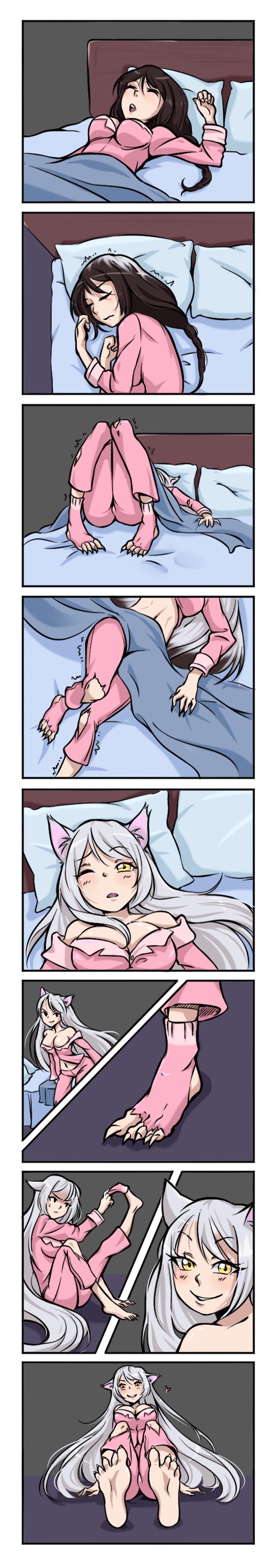 1girls 2020 2d animal_ears animal_humanoid artist_request barefoot bed big_breasts black_hanekawa blush breasts brown_hair cat_ears cat_humanoid catgirl clawed_feet clawed_fingers closed_eyes comic comic_strip dark_hair exposed_midriff feet feet_focus feet_towards_viewer felid felid_humanoid feline feline_humanoid female female_focus female_only foot_fetish foot_focus gray_background growth hair_color_change hanekawa_tsubasa heart human human_to_humanoid humanoid kemonomimi knees_together_feet_apart laying_down laying_on_back laying_on_bed light-skinned_female light_skin long_comic long_hair long_sleeves looking_at_viewer lying lying_down lying_on_back lying_on_bed mischievous_smile monogatari_(series) navel no_text one_eye_closed open_mouth pajamas panels pillow ripped_clothing ripping_clothing shaking shaking_lines silver_hair sitting sleeping smile socks_removed transformation transformation_sequence waking_up yellow_eyes