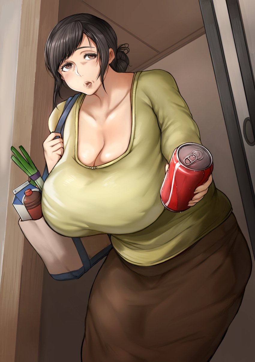 1girls black_hair breasts cleavage clothed clothing female female_only holding holding_object holding_soda huge_breasts mature mature_female mature_woman milf original soda soda_can solo solo_female toshi21888046 voluptuous voluptuous_female