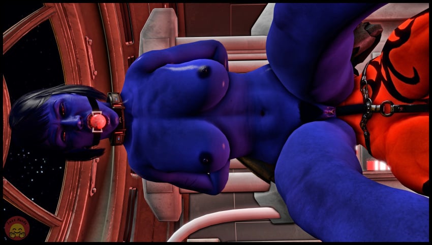 2020 anal_sex arms_behind_back ball_gag bioware blue_hair blue_skin bondage bounty_hunter breasts chiss collar femdom femsub gag gagged jazzhands lucasfilm nipples original_character pubic_hair rape sith source_filmmaker spaceship star_wars star_wars:_the_old_republic twi'lek vrei_daesha yuri