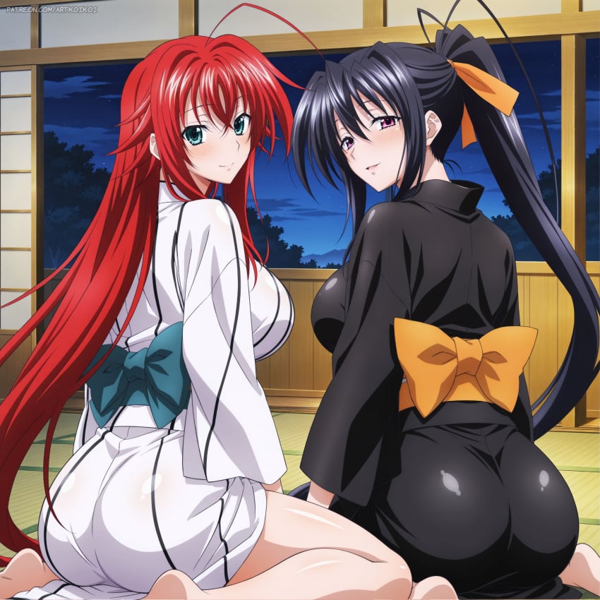 2girls ahoge ai_generated akeno_himejima antenna_hair artkoikoi big_ass black_hair blue_green_eyes blush couple crimson_hair curvy female_only hair_ribbon high_school_dxd kimono large_breasts light_skin night orange_ribbon ponytail rias_gremory thick_thighs very_long_hair violet_eyes voluptuous yuri