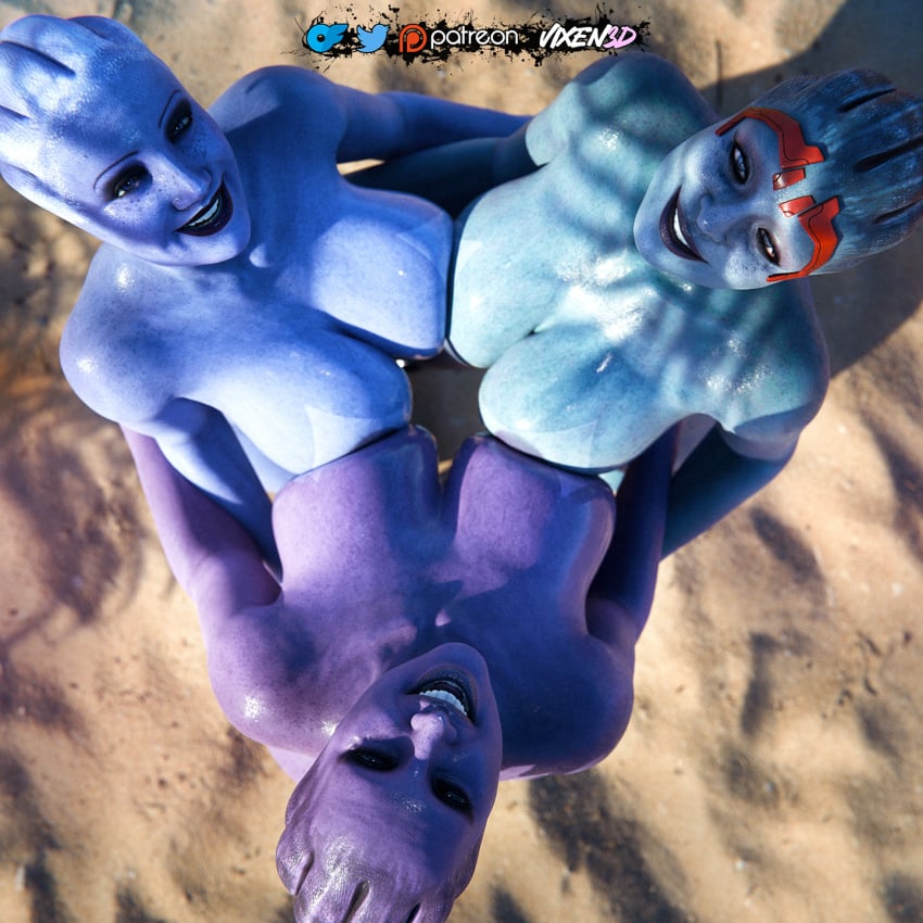 3d 3dx 3girls alien alien_girl artist_logo asari beach big_areolae big_breasts blender blender_(software) blue-skinned_female blue_body blue_eyes blue_skin breast_to_breast breasts busty completely_nude female female_only giant_breasts grabbing_breasts huge_breasts liara_t'soni looking_at_viewer mass_effect mass_effect_2 multiple_girls nipples nude nude_female peace_sign purple-skinned_female purple_body purple_skin samara self_upload tanline tanlines theafterlife vixen3d voluptuous voluptuous_female