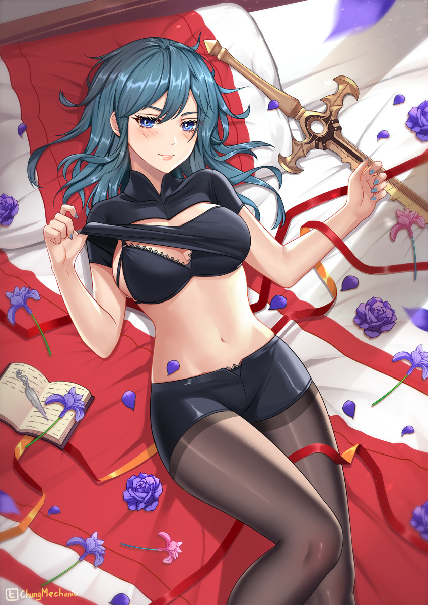 1girls big_breasts black_panties blue_eyes byleth_(fire_emblem) byleth_(fire_emblem)_(female) chungmechanic female female_only fire_emblem fire_emblem:_three_houses large_breasts looking_at_viewer medium_hair nintendo on_back on_bed panties pantyhose pantyhose_under_shorts shorts smile solo solo_female striptease sword sword_of_the_creator teal_hair undressing weapon