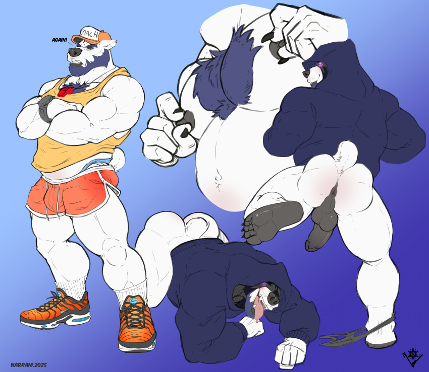 5_fingers absurd_res anthro areola ass backsack balls bear beard biped bottomwear claws clifford_grant clothed clothing crossed_arms facial_hair fangs fingers footwear genitals glans hat headgear headwear hi_res hoodie humanoid_genitalia humanoid_penis male mammal multiple_images muscular muscular_anthro muscular_male narram nipple_fetish nipple_play nipples penis perineum polar_bear shoes shorts solo tail teeth tongue tongue_out topwear ursine