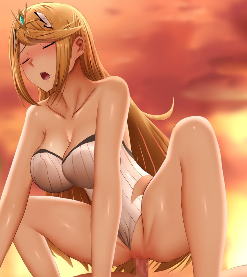 1boy blonde_hair blush breasts censored circlet closed_eyes clothing_aside collarbone cow_girl cowgirl_position female ginhaha highres large_breasts long_hair mosaic_censoring mythra_(radiant_beach)_(xenoblade) mythra_(xenoblade) one-piece_swimsuit open_mouth outdoors penis public_indecency public_nudity pussy rex_(xenoblade) sex solo_focus straddling straight strapless strapless_one-piece_swimsuit sunset swept_bangs swimsuit swimsuit_aside very_long_hair white_one-piece_swimsuit xenoblade_chronicles_(series) xenoblade_chronicles_2