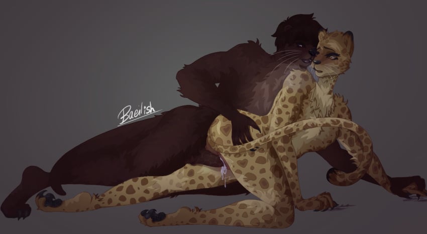 anthro anthro_on_anthro baeilish beastars bodily_fluids brown_body brown_fur cum cum_from_pussy cum_in_pussy cum_inside cum_leaking duo felid female female_penetrated fur genital_fluids grey_background hand_on_butt interspecies leopard lutrine male male_penetrating male_penetrating_female mammal mustelid nude pantherine penetration sex shiira_(beastars) simple_background spots straight vaginal_penetration whiskers