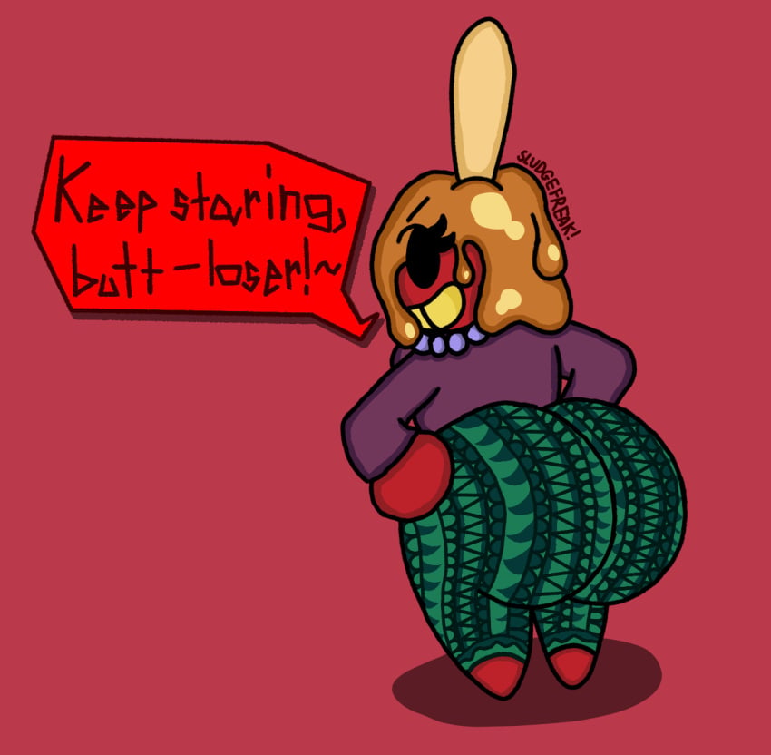 1girls big_ass candy_apple caramel caramel_apple cartoony evil_grin evil_smile female flare_pants food_creature food_girl forbidden_pants girl grin hands_on_hips huge_ass insult insulting insulting_viewer looking_at_viewer looking_back massive_ass massive_butt mean necklace original_artwork original_character pattern_bottomwear pattern_clothing popsicle_stick red_skin roxxie_(sludgefreak) rude sludgefreak smile smiling yellow_teeth