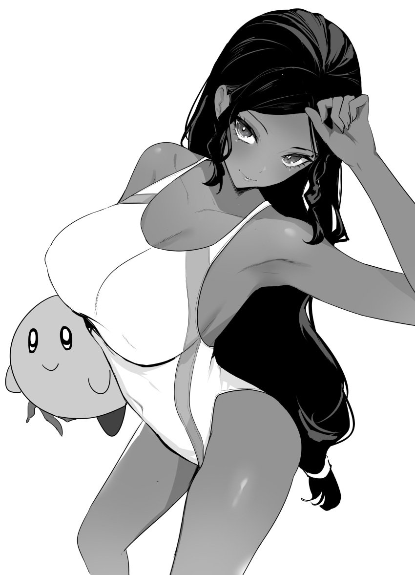 big_breasts black_and_white black_hair dark-skinned_female hourglass_figure indian indian_female kirby long_hair mato_seihei_no_slave one-piece_swimsuit plushie porroll prachi_sherawat swimsuit tagme