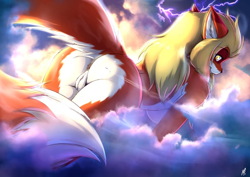 2020 absurd_res airplane anthro anus ass clouds female fighter_jet fox furry glowing_eyes lighting lightning looking_back macro merah_(notbad621) notbad621 pussy sky underboob yellow_eyes