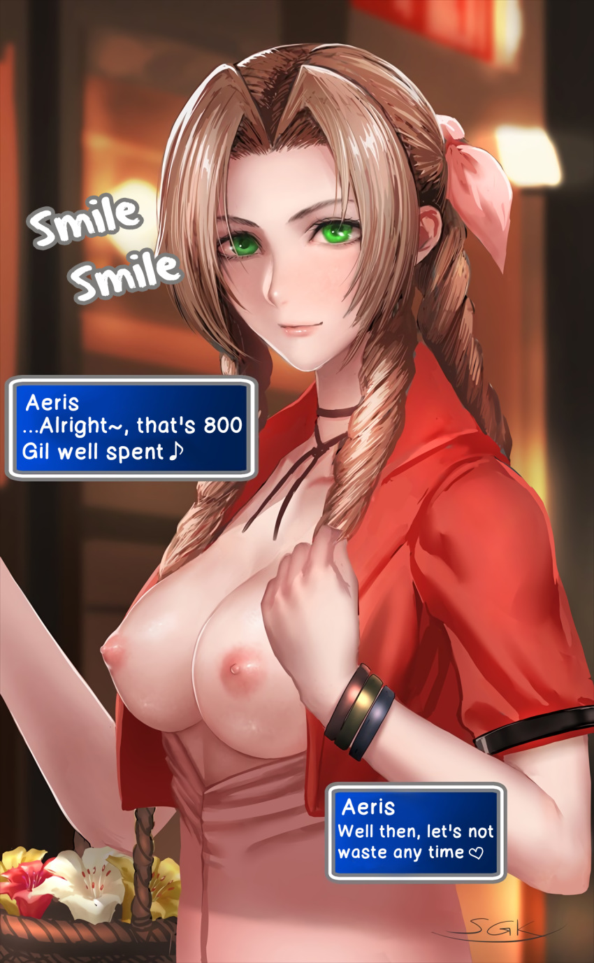 aerith_gainsborough areolae basket bow braid breasts breasts_out_of_clothes brown_hair cropped_jacket dress drill_hair exposed_breasts female female final_fantasy final_fantasy_vii flower green_eyes hair_ornament hair_ribbon hard_translated high_resolution holding holding_basket jacket large_breasts long_hair looking_at_viewer nipples pink_bow pink_dress pink_ribbon ponytail presenting presenting_breasts prostitution red_flower red_jacket ribbon sgk short_sleeves side_drill single_braid solo tied_hair translated tri_drills upper_body upscaled waifu2x white_flower yellow_flower