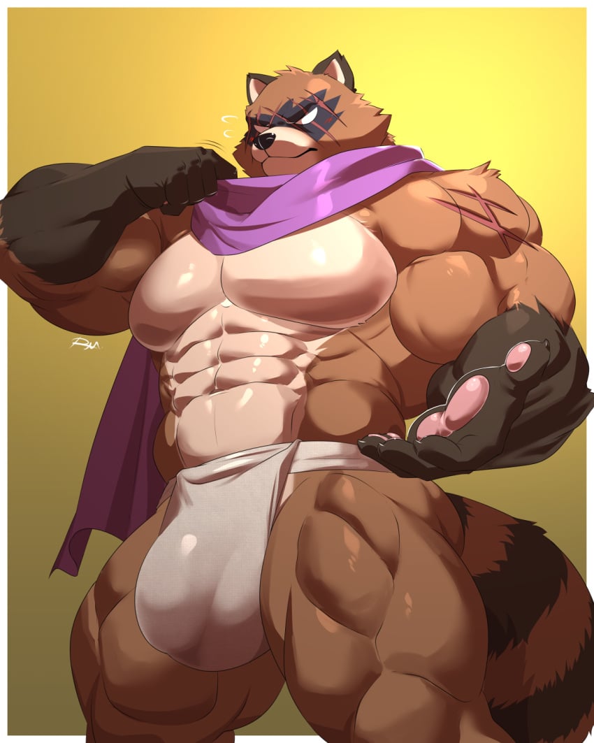 2025 anthro brown_body brown_fur bulge canid canine epic_games fortnite fur hajime_(fortnite) hi_res looking_at_viewer male male_focus male_only mammal muscular muscular_anthro muscular_male raccoon_dog reclamon solo tanuki