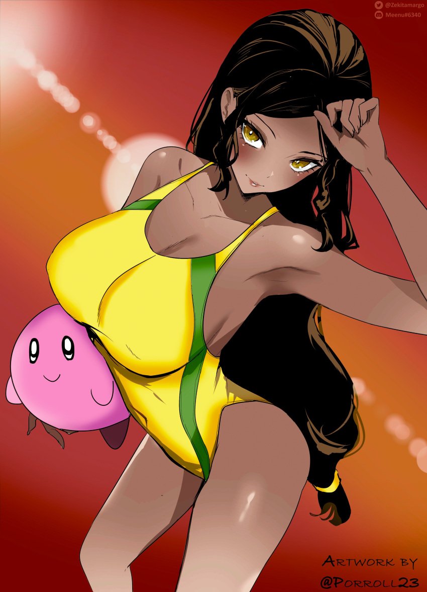 big_breasts black_hair color_edit dark-skinned_female hourglass_figure indian indian_female kirby long_hair mato_seihei_no_slave meenu one-piece_swimsuit plushie porroll prachi_sherawat swimsuit tagme