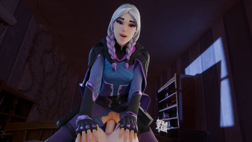 1futa 1girls 3d bedroom braids clothes female fortnite futa_on_female futanari holding_breast moan moaning purple_eyes riding_penis ripped_pants sex torin_(fortnite) twintails vaginal_sex white_hair