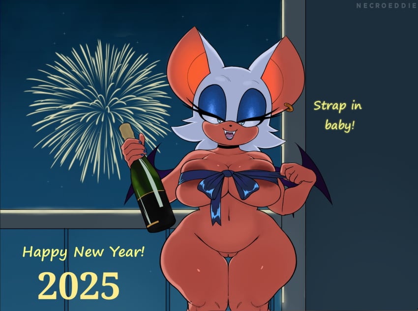 2025 alcohol anthro areola bat beverage champagne cute_fangs ear_piercing fangs female fireworks genitals hi_res holidays imminent_sex looking_at_viewer mammal mature_anthro mature_female narrowed_eyes navel necroeddie new_year night nude nude_female piercing pussy ribbon_only rouge_the_bat sega solo sonic_(series) sonic_the_hedgehog_(series) teeth