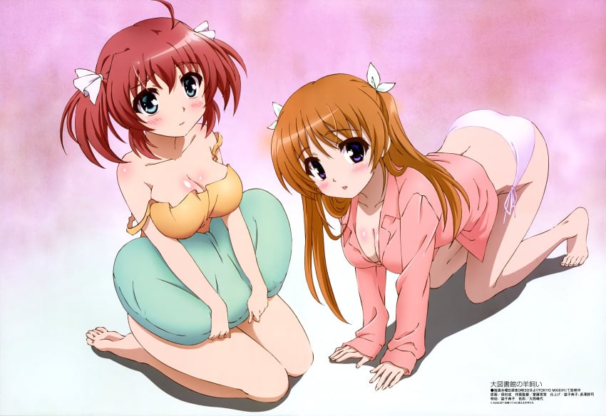 2girls ahoge daitoshokan_no_hitsujikai female_only homura_naru kneeling kodachi_nagi official_art pajamas pillow shirasaki_tsugumi