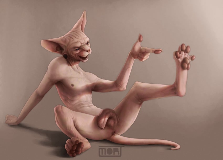 4_toes 5_fingers anthro anus arm_support balls blue_eyes brown_nipples brown_nose brown_pawpads casual_nudity domestic_cat ear_piercing fangs felid feline felis fingerpads fingers flaccid foreskin front_view gauged_ear genitals gesture hairless hairless_cat humanoid_genitalia humanoid_penis leaning leaning_back light lighting long_foreskin male male_only mammal mortim-art navel nipples nude open_mouth painting_(artwork) pawpads paws penis piercing pink_body pink_skin pointing pointing_at_foot pointing_at_self raised_leg retractable_claws ribs shadow simple_background sitting skinny solo sphynx_(cat) spread_legs spreading toes traditional_media_(artwork) uncut unretracted_foreskin vein veiny_penis